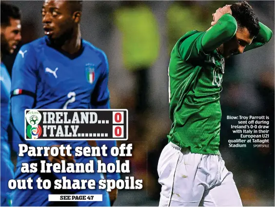  ?? SPORTSFILE ?? Blow: Troy Parrott is sent off during Ireland’s 0-0 draw with Italy in their European U21 qualifier at Tallaght Stadium