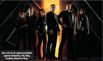  ??  ?? Die S.H.I.E.L.D.-span (van links): agente Simmons, Fitz, May, Coulson, Ward en Skye.