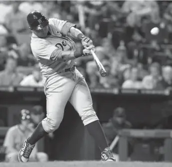  ?? JOHN SLEEZER/MCT ?? Detroit’s Miguel Cabrera launches his 44th homer during the sixth inning of Monday’s 6-3 win over the Royals.