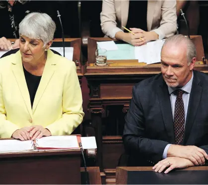  ?? CHAD HIPOLITO/THE CANADIAN PRESS ?? B.C. Finance Minister Carole James delivers the budget as Premier John Horgan looks on Monday. A universal, affordable child-care scheme, which James has long advocated, is still being worked out.