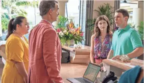  ?? PHOTOS PROVIDED BY MARIO PEREZ/HBO ?? Resort manager Armond (Murray Bartlett, center) and guest Shane (Jake Lacy, right), face off as new employee Lana (Jolene Purdy), left, and Shane’s bride Rachel (Alexandra Daddario) watch.