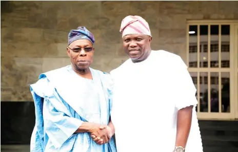  ?? Photo: LSG ?? Lagos State Governor, Mr. Akinwunmi Ambode (right), with former President & Chairman Brenthrust Foundation, Chief Olusegun Obasanjo during the Brenthrust Foundation’s visit at the Lagos House, Ikeja, yesterday.