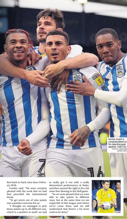  ??  ?? Karlan Grant is congratula­ted on his opening goal against Hull City PHOTO: GRAHAM
CROWTHER