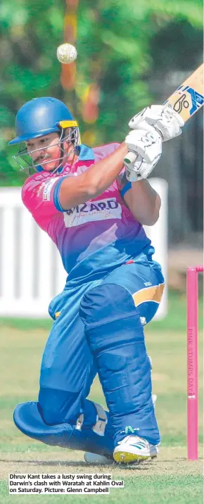  ?? ?? Dhruv Kant takes a lusty swing during Darwin’s clash with Waratah at Kahlin Oval on Saturday. Picture: Glenn Campbell