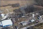  ?? ?? An aerial view of the Norfolk Southern freight train derailment in East Palestine, Ohio captured on Feb. 5, 2023.