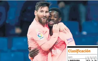  ??  ?? FELICIDAD. Messi y Dembélé causaron terror al Espanyol en la victoria por 4-0 en el derbi catalán.