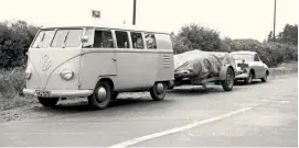  ??  ?? Below, clockwise from top left: 1953 – Combi towing 550 Spyder; 1954 – loading Hanomag L28 aboard a ferry on the way to England; 1957 – Mercedes L3500 on its way through Austria; 1958 – Opel Blitz on its way to the Targa Florio in Sicily