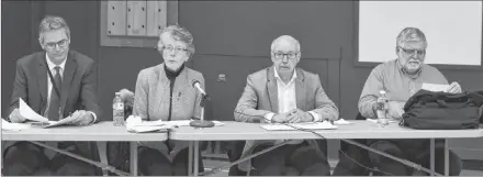  ?? TONY DAVIS/ SALTWIRE NETWORK ?? Director of the Public Schools Branch Parker Grimmer, left, sits with Public Schools Branch board of directors chairwoman, Susan Willis, and board members Harvey MacEwen and Dale Sabean. The board passed a motion Wednesday evening at St. Jean Elementary School to move some students from Spring Park Elementary to West Royalty Elementary beginning September 2019.