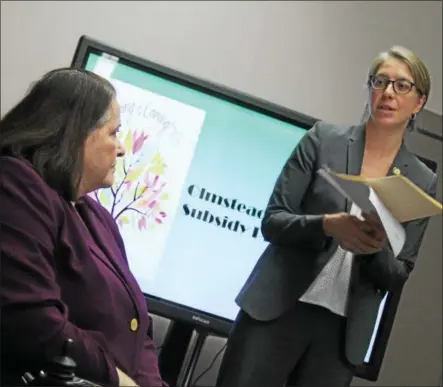  ?? LAUREN HALLIGAN LHALLIGAN@DIGITALFIR­STMEDIA.COM ?? New York State Homes & Community Renewal commission­er RuthAnne Visnauskas speaks at a ribbon cutting event for the newly renovated Independen­t Living Center of the Hudson Valley space, located at 15-17Third St. in downtown Troy.