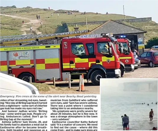  ??  ?? Emergency: Fire crews at the scene of the alert near Beachy Head yesterday Murky : The cloud of gas rolls in from the sea