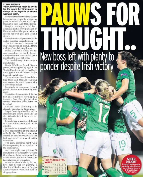  ??  ?? SHEER DELIGHT Ireland’s players were ecstatic after Rianna Jarrett gave them a 2-0 lead in last night’s game