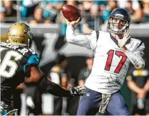  ??  ?? Brock Osweiler (17) did not throw an intercepti­on on Sunday and was sacked only once.