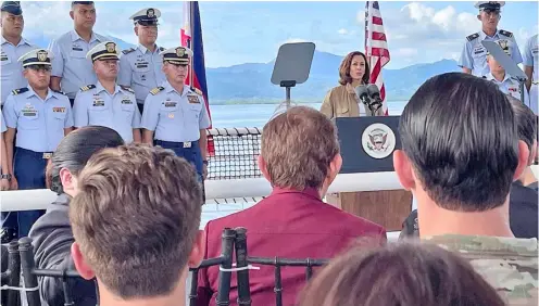  ?? PHOTOGRAPH COURTESY OF EMBASSY OF JAPAN ?? UNITED States Vice President Kamala Harris makes her address aboard BRP Teresa Magbanua (MRRV-9701) stationed in Puerto Princesa City, Palawan. Among those in attendance was Embassy of Japan deputy chief of mission Matsuda Kenichi. The Japan-made ship was chosen to welcome Harris.