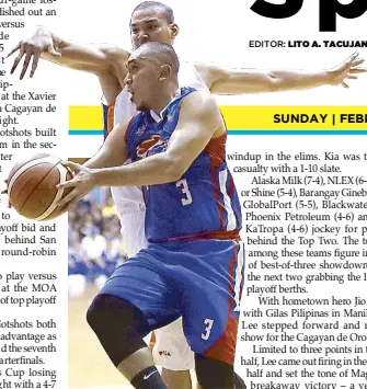  ??  ?? Paul Lee of Magnolia drives past Jason Ballestero­s of Meralco in their PBA game yesterday at the Xavier U gym in Cagayan de Oro last night.