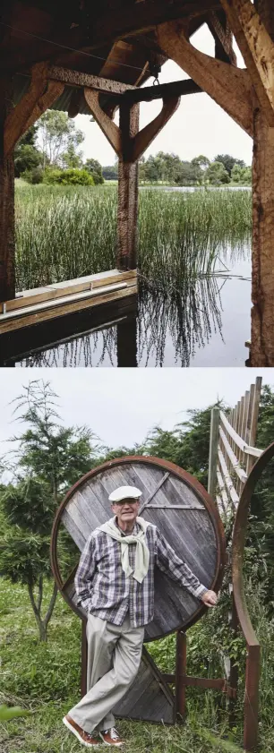  ??  ?? CLOCKWISE, FROM ABOVE RIGHT The boathouse, crafted by Paul Noordanus from redwood timber milled from a fallen tree; Paul also made the gates throughout the garden; the striped ‘Sentimenta­l’ rose; a rambling rose bush beside the hen house; a glimpse of...