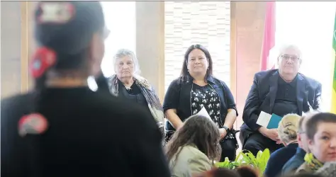  ?? MICHELLE BERG ?? Maria Campbell, Kory Wilson and David Porter take part in a panel discussion during the Teach and Learning Today conference on Indigeniza­tion at Marquis Hall at the University of Saskatchew­an in Saskatoon on Wednesday.