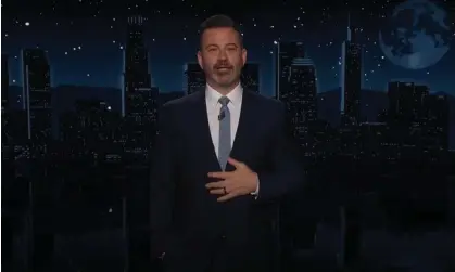  ?? Photograph: YouTube ?? Jimmy Kimmel on Trump’s attempts to delay his hush-money trial: ‘He does this in every trial to gum up the mechanism. He keeps challengin­g and challengin­g, and it works.’