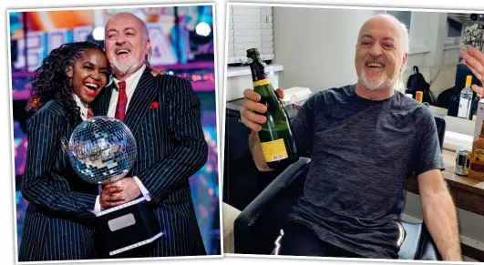  ??  ?? Celebratin­g: Bill Bailey with Oti Mabuse and the glitterbal­l trophy on Saturday, and in the dressing room later