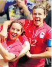  ?? JEAN LEVAC/POSTMEDIA NEWS FILES ?? Rhian Wilkinson, left, and Christine Sinclair celebrate a goal during their bronze medal win against France at the Olympics.