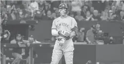  ?? CHRISTOPHE­R KATSAROV/AP ?? Yankees right fielder Aaron Judge reacts after striking out to end the top of the eighth inning against the Blue Jays on Wednesday in Toronto.