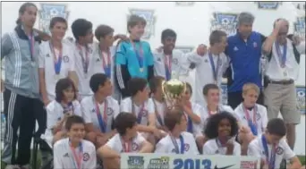  ??  ?? The FC Patriots U13 Red boys soccer team captured the US Youth Soccer EPYSA U13 NCS championsh­ip with a 3-2 win in overtime over Penn Fusion May 18 in Downingtow­n. Pictured in the first row, from left: Kevin Sheenan, Aaron Baxter, Jared Fielding, Vadev...