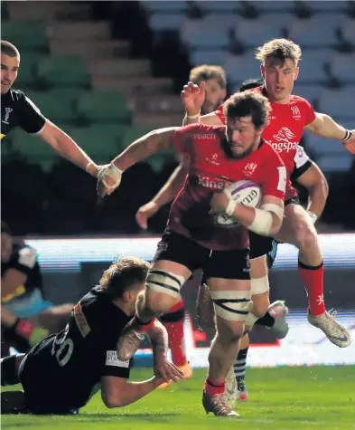  ??  ?? in for his second and Ulster’s eighth try in the Challenge Cup last-16 victory over Harlequins