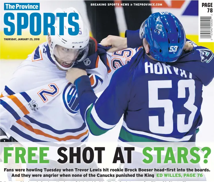  ?? — CP FILES ?? Bo Horvat, one of the players the Canucks would prefer not to fight, had to defend himself last April against aggressor Darnell Nurse of the Edmonton Oilers.