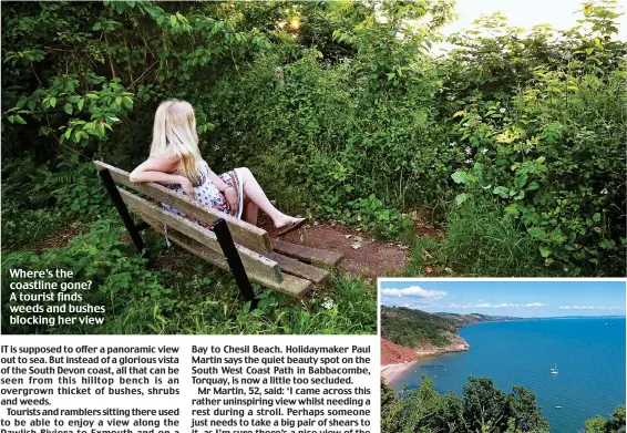  ??  ?? Where’s the coastline gone? A tourist finds weeds and bushes blocking her view What should be visible: The Babbacombe coast