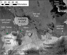  ?? (AP/ESA/British Antarctic Survey/Robert Larter) ?? This Feb. 1, 2022, satellite image from the European Space Agency, annotated by marine geophysici­st Robert Larter, shows the positions of research vessels RVIB Nathaniel B. Palmer and the RV Araon on the ice shelf areas extending from Thwaites Glacier. “EIS” indicates the Eastern Ice Shelf where a lot of work was conducted in 2020.