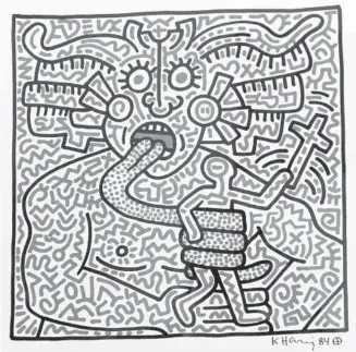  ?? TAIMY ALVAREZ/STAFF PHOTOGRAPH­ER ?? Painting by pop culture artist Keith Haring, who died of AIDS-related complicati­ons in 1990.