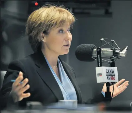  ?? WAYNE LEIDENFROS­T/ PNG ?? Premier Christy Clark visited familiar digs — the CKNW radio studio — on Feb. 13 to talk about her government’s agenda. At right, Clark shows some passion while speaking Feb. 1 at a Vancouver event honouring B. C.’ s most powerful women.