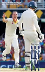  ??  ?? Josh Hazlewood celebrates after dismissing James Vince