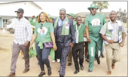  ??  ?? Roan PF candidate Joel Chibuye with party officials after he successful­ly filed his nomination papers in Luanshya yesterday