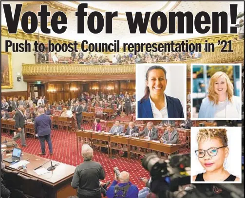  ?? BARRY WILLIAMS, DANIELLE HYAMS/FOR NEW YORK DAILY NEWS; ANNA RATHKOPF; TUSKE STRATEGIES ?? Pointing out that just 12 out of 50 City Council members are women, group called 21 in ’21 has endorsed 32 women in next year’s election, including, l. to r. top, Tiffany Caban and Amber Adler. Yvette Buckner (inset second row) is vice chairwoman of the initiative’s board.