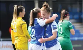  ?? Photograph: Nathan Stirk/The FA/Getty Images ?? Sarah Mayling celebrates with Emily Murphy after scoring Birmingham City’s fourth goal in their victory over Coventry United.