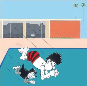 ??  ?? Making a splash: Dennis and Gnasher painted by Horace Panter in the style of David Hockney’s LA swimming pool artworks.