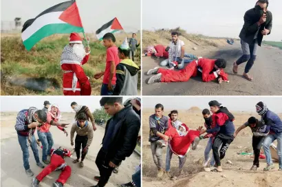  ?? Reuters ?? A combinatio­n picture shows a demonstrat­or dressed as Santa Claus before and after he gets wounded during clashes with Israeli troops near the border with Israel in the Gaza Strip on Friday. —