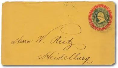  ?? ?? A c.1880 Seebeck ‘advertisin­g collar’ in red added to a 1c blue on orange postal stationery envelope (no dated postmark, but the type was in use 1874-86). His address was on Wall Street in New York, which was not yet the financial centre of the city.