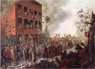  ??  ?? Johann Eckstein’s painting of rioters ransacking Joseph Priestley’s house in 1791. The polymath escaped, but his library and scientific instrument­s were destroyed