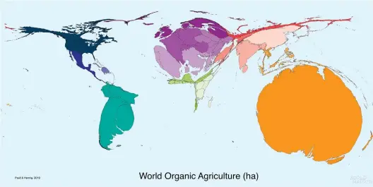  ??  ?? Technical note: This map is a density equalising map. Equal areas on the map represent equal areas of organic agricultur­e (see Paull & Hennig, 2016, 2018).