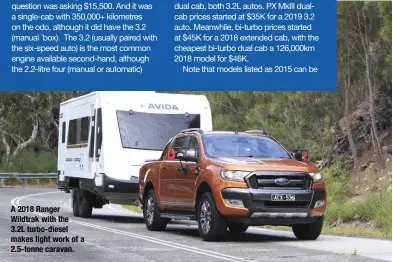  ?? ?? A 2018 Ranger Wildtrak with the 3.2L turbo-diesel makes light work of a 2.5-tonne caravan.