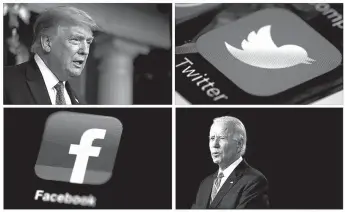  ?? Associated Press ?? ■ This photo combo of images shows, clockwise, from upper left: President Donald Trump speaking during a news conference at the White House on July 22 in Washington, the Twitter app, Democratic presidenti­al candidate Joe Biden speaking during a campaign event on July 14 in Wilmington, Del., and the Facebook app. With just 100 days to go until Election Day, the two candidates aren't just attacking one another in online ads. Their ads are also targeting tech companies like Facebook and Twitter.