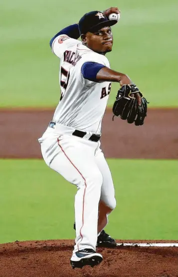  ?? Karen Warren / Staff photograph­er ?? Astros starting pitcher Framber Valdez pitched a much-needed 61⁄3 scoreless innings and recorded 11 strikeouts, all of which concluded with his curveball. He allowed just four hits on Thursday.