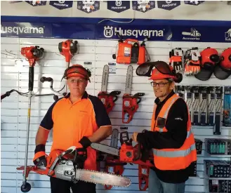  ??  ?? TopSaw has won the best stand at the George Agricultur­al Show for the past two years, and will be out to win again with an action-packed stand. TopSaw team Mike van der Steen (Dealer: TopSaw Mossel Bay) and Gert Rautenbach (TopSaw Marketing) are ready for the show.