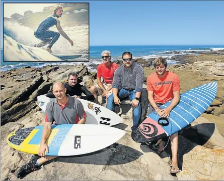  ?? Picture: ALAN EASON ?? OCEAN HEROES: Surfers Tyrone Pascoe, Wayne Monk, Steve Sanfilippo (who was involved in rescuing a swimmer at the weekend), Andrew Gardner, Tagan Smith and (inset) Luke Roberts saved five children, a volunteer worker and a childcare worker from drowning...