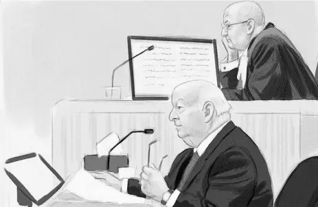  ?? Greg Baning
/ The Cana dian Press ?? In this sketch, Sen. Mike Duffy testifies Thursday at his trial in Ottawa as Judge Charles Vaillancou­rt looks on.