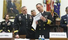  ?? Jose Luis Magana / Associated Press ?? Army Chief of Staff Gen. Mark A. Milley (left) speaks with Chief of Naval Operations Adm. John M. Richardson.