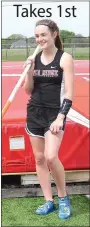  ?? TIMES photograph by Annette Beard ?? Freshman Lady Blackhawk Cassidy Mooneyhan won first place in the junior high district meet in pole vault clearing 10’ then competed in, and won first place, in the varsity district track meet clearing 10’. She cleared 10’3” at the Whitey Smith Jr....
