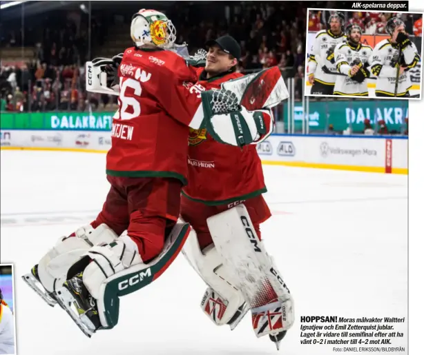  ?? Foto: DANIEL ERIKSSON/BILDBYRÅN ?? AIK-spelarna deppar.
HOPPSAN! Moras målvakter Waltteri Ignatjew och Emil Zetterquis­t jublar. Laget är vidare till semifinal efter att ha vänt 0–2 i matcher till 4–2 mot AIK.