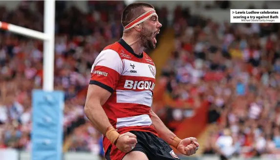  ?? Michael Steele/Getty Images ?? Lewis Ludlow celebrates scoring a try against Bath